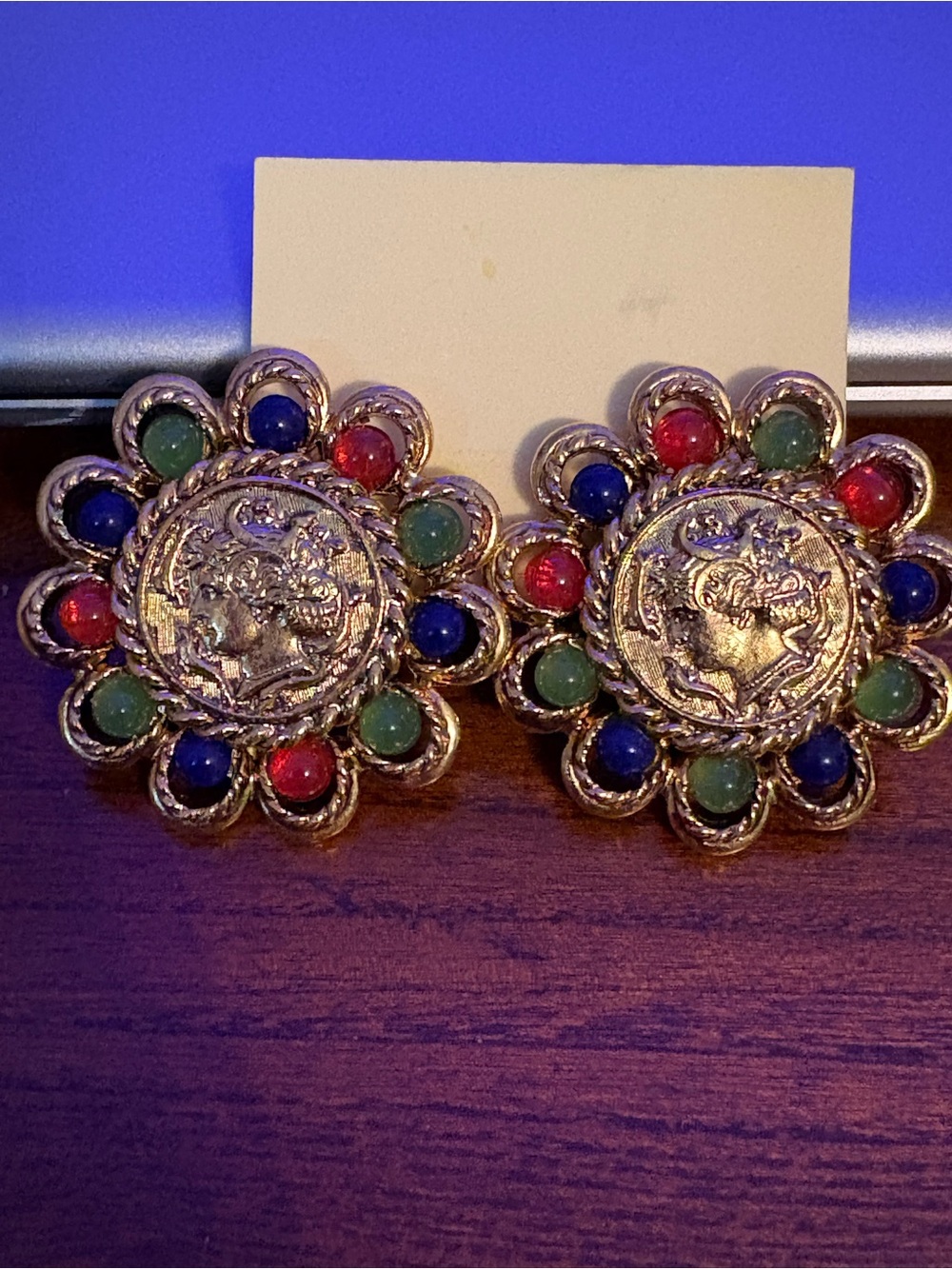 Craft Gold-Tone Floral Coin Earrings with Blue, Green & Red Cabochons, Signed